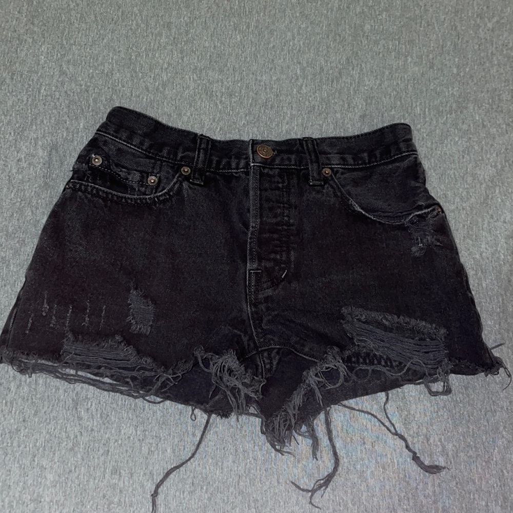 We the Free Black Distressed Denim Shorts with Button Fly